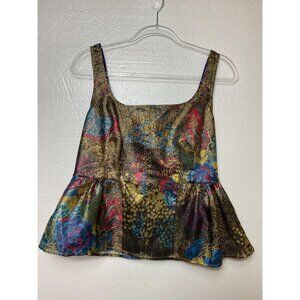 Anthropologie Floral Metallic Sleeveless Peplum Top US 10 UK 14 EU 42 Glam Rock